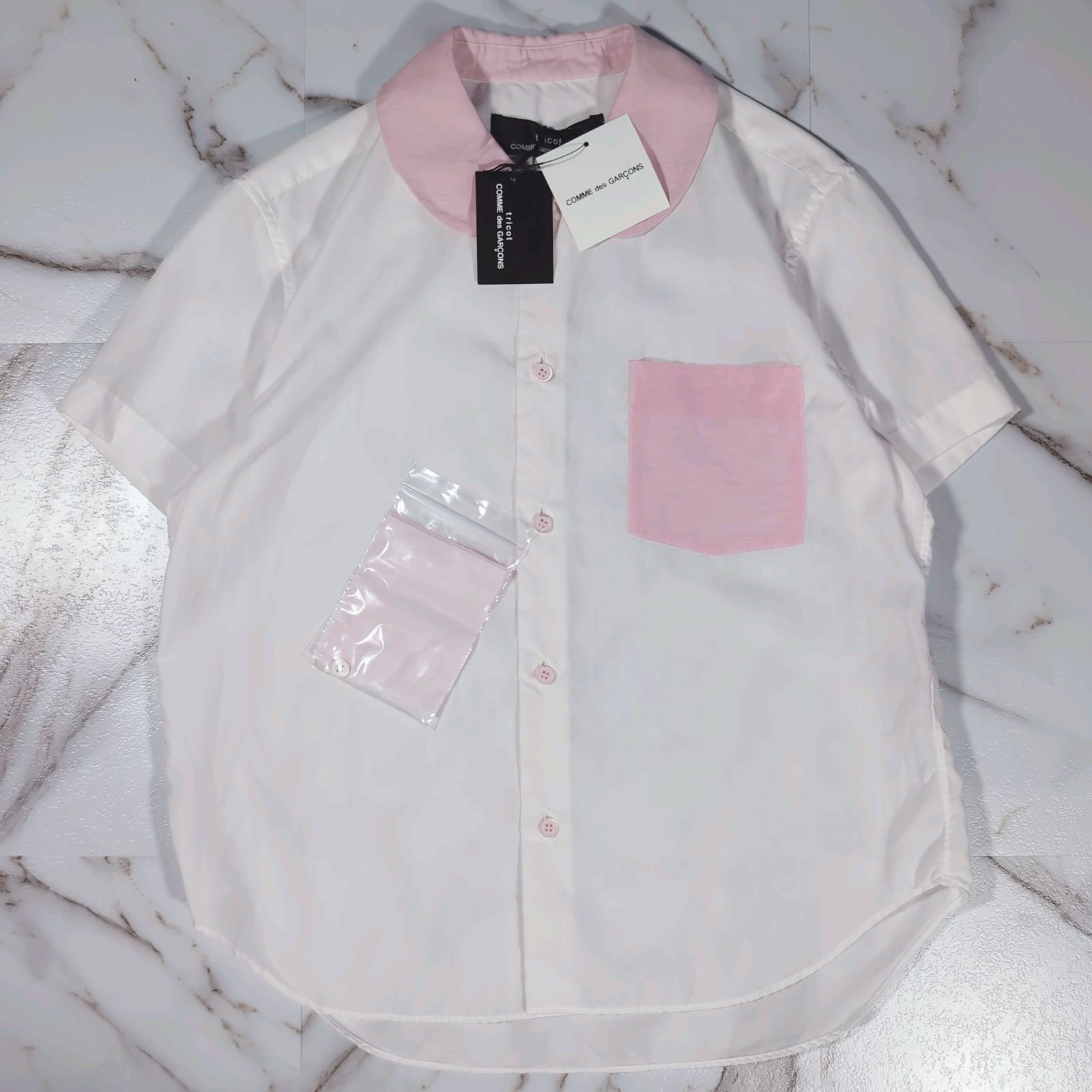 AD2008 00s y2k 新品タグ付き tricot COMME des GARCONS バイカラー 丸襟 S/Sシャツ M ピンク×ホワイト 1ポケット ピンクボタン 日本製