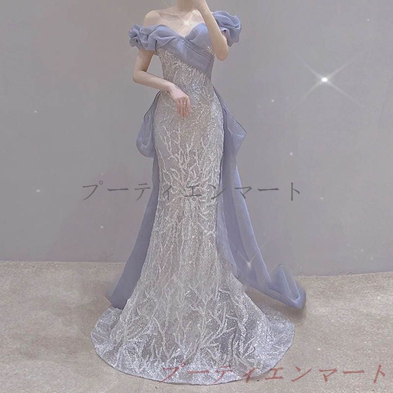 人気商品 カラードレス カクテルドレス フィッシュテール ワンショルダー イブニングドレス シルバー 花嫁 オフショルダー スパンコール 刺繍 ロングドレス フォマール パーティードレス vs519