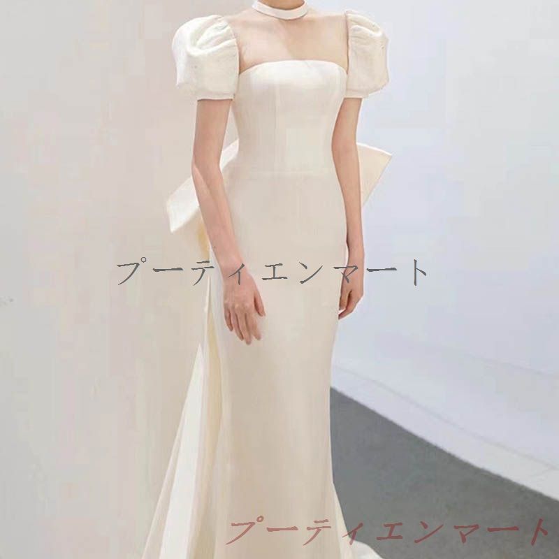 人気商品 ウエディングドレス 結婚式 半袖 パフスリーブ スクエアネック マーメイドドレス 花嫁 ドレス 白 披露宴 ロングドレス ブライダル 韓国風 ウエストリボン シンプル vs519