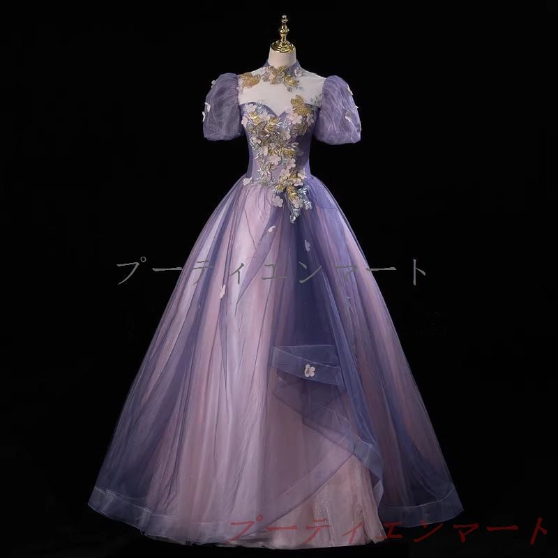 カラードレス プリンセスライン ロングドレス ブルー オフショルダー フリル袖 ウェディングドレス 結婚式 二次会 花嫁 前撮り 演奏会 発表会 ステージ衣装 ウエディングドレス パーティードレス ブライダル 大人 舞台 演出 イブニングドレスvs519