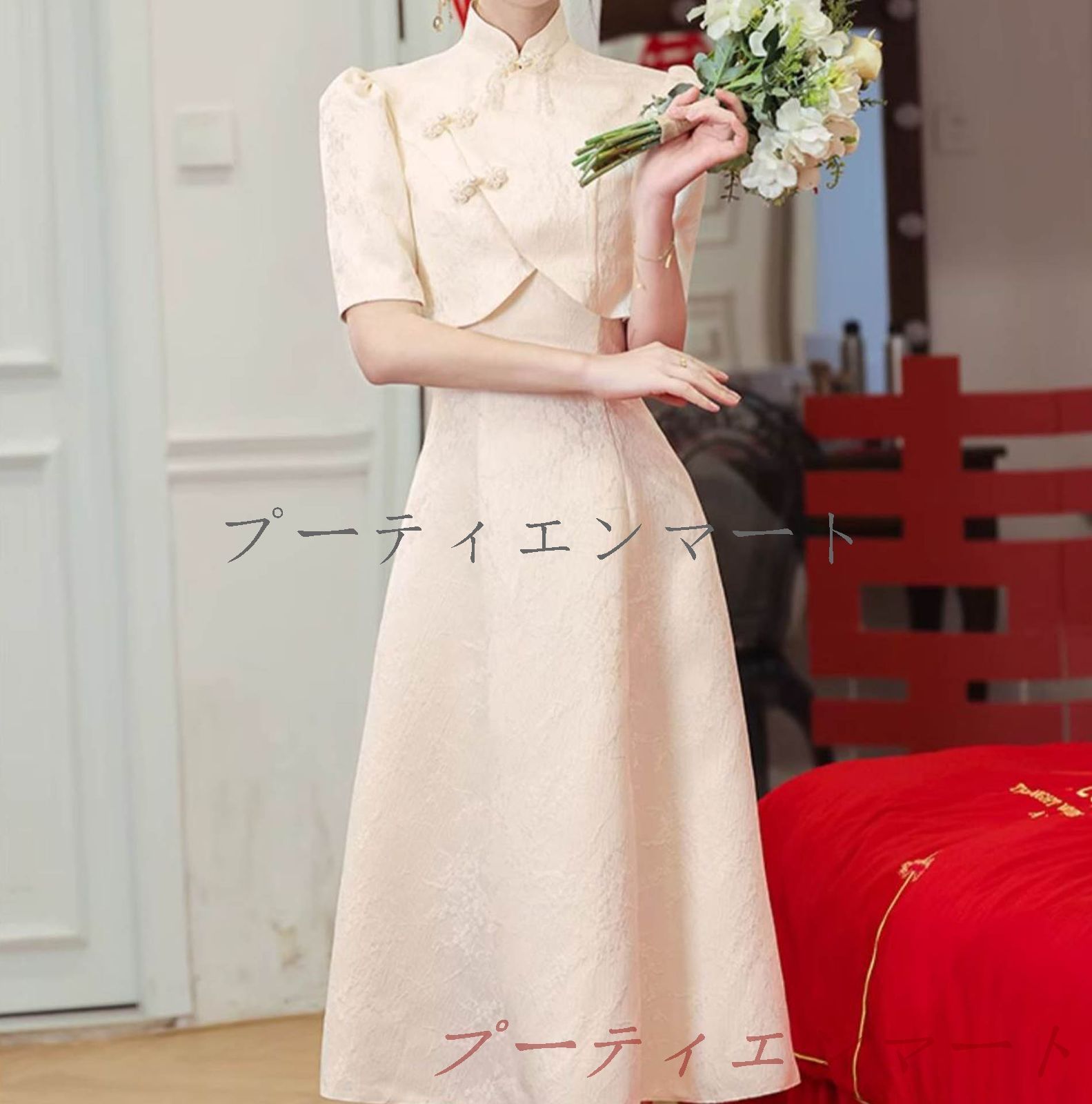 人気商品 チャイナドレス シャンパンカラー 花柄 ツーピース 半袖ショートボレロ付き 立ち襟 着痩せ 膝丈 フレアスカート 膝丈 お洒落 ワンピース レディース フォーマル パーティー 二次会 vs519
