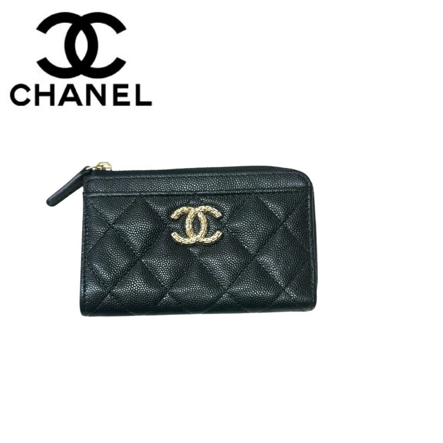 【中古美品】CHANEL シャネル マトラッセキャビアスキン　ココマーク　L字ファスナー　フラグメントケース　コンパクトウォレット