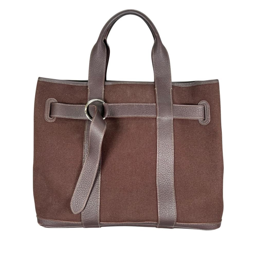 エルメス トートバッグ レディース プティットサンチュールMM ビジネスバッグ HERMES □J刻印 キャンバス レザー ブラウン 茶 シルバー金具 美品 2006年【中古品】