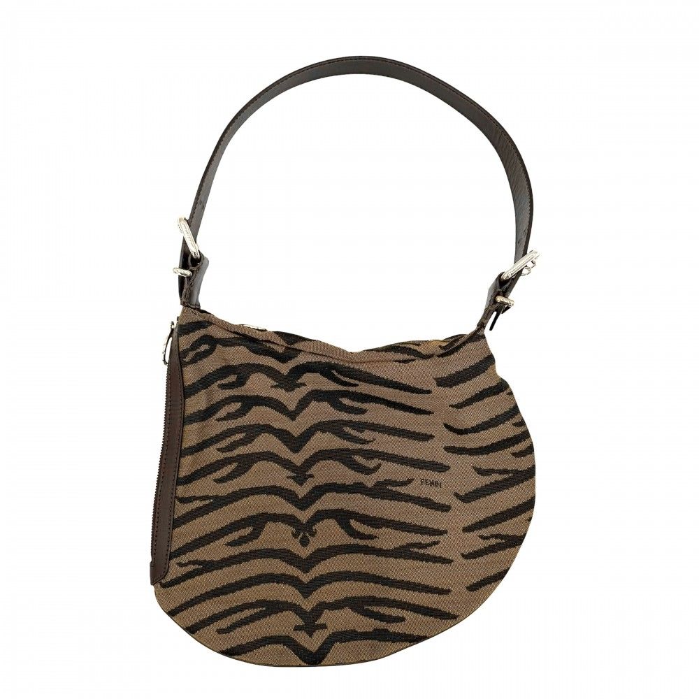 フェンディ ハンドバッグ レディース セミショルダーバッグ 肩掛け FENDI レザー ナイロンキャンバス ブラウン 茶 シルバー金具【中古品】