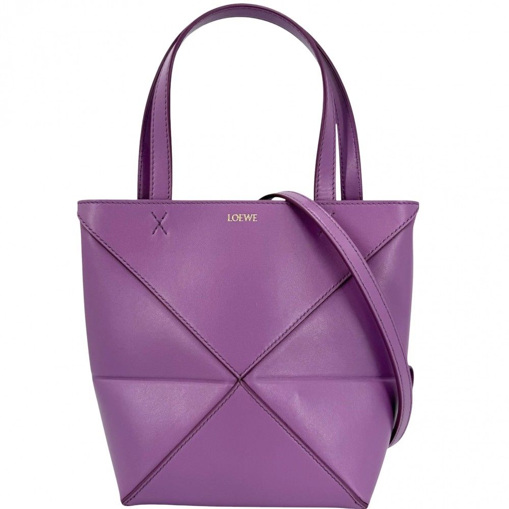 ロエベ 2WAY レディース パズル フォルド トート ミニ ハンドバッグ ショルダーバッグ 肩掛け 斜め掛け PUZZLE FOLD TOTE トートバッグ LOEWE A657V25X01 レザー パープル系 ゴールド金具 美品【中古品】