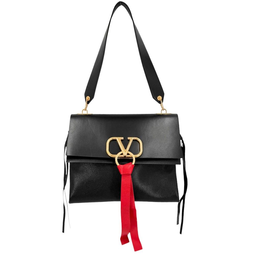 ヴァレンティノ・ガラヴァーニ ショルダーバッグ レディース Vスリング ワンショルダーバッグ 肩掛け Valentino Garavani レザー ブラック 黒 レッド 赤 ゴールド金具【中古品】