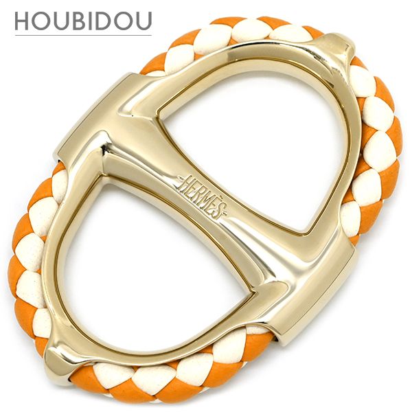 エルメス Herms スカーフリング シェーヌダンクル トレッセ レザー GP オレンジ×ホワイト×ゴールド カレ90用 【箱】【中古】