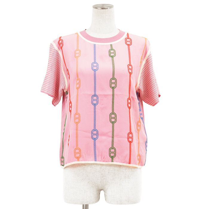 【SALE】HERMES エルメス カットソー サイズ 36 レディース 23SS シェーヌダンクル チェーン 刺繍 ニット x シルク トップス ピンク 桃色 イタリア製