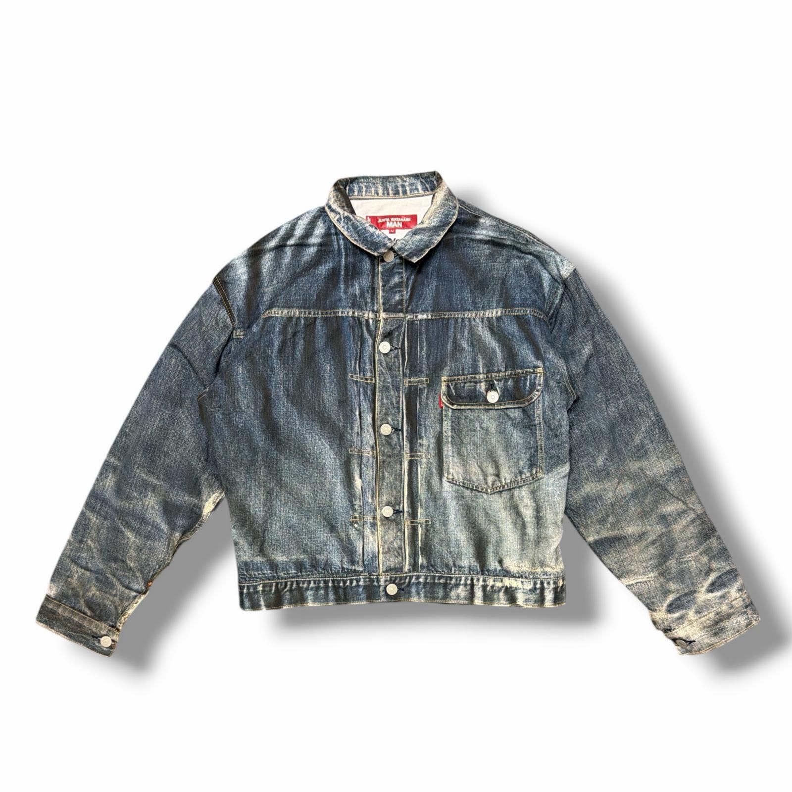 参考上代88000円 JUNYA WATANABE × Levi's Berberjin 綿麻ダンガリープリント 転写デニムジャケット ジュンヤワタナベ × リーバイス WI-J907 インディゴ M （15689M）