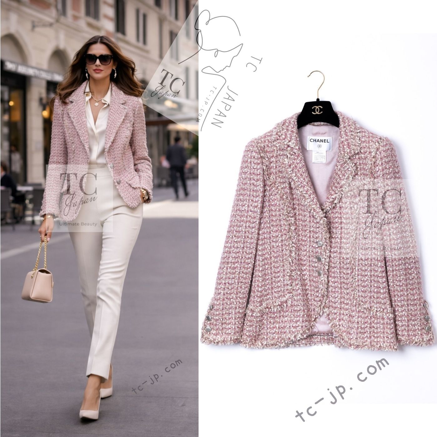 極美品　CHANEL ツイードジャケット　シャネル　38 ピンクベージュ シャネル ジャケット ピンク シャネル コート CHANEL ピンク イエロー