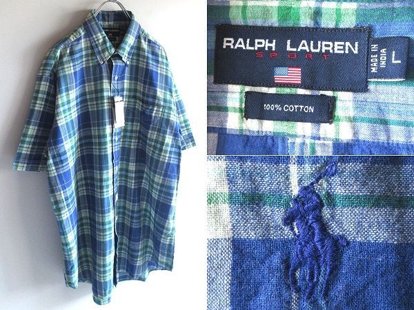 希少 タグ付 デッドストック 90sビンテージ RALPH LAUREN SPORT ラルフローレン スポーツ ロゴ刺繍 半袖 マドラスチェック BDシャツ L ブルー グリーン ホワイト 青 緑 白 国内正規品
