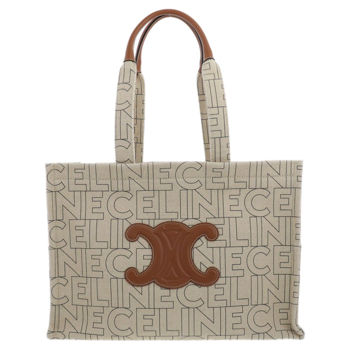 CELINE セリーヌ トリオンフ ロゴ ラージ カバ タイス トートバッグ ユニセックス キャンバス レザー アイボリー ブラウン 中古