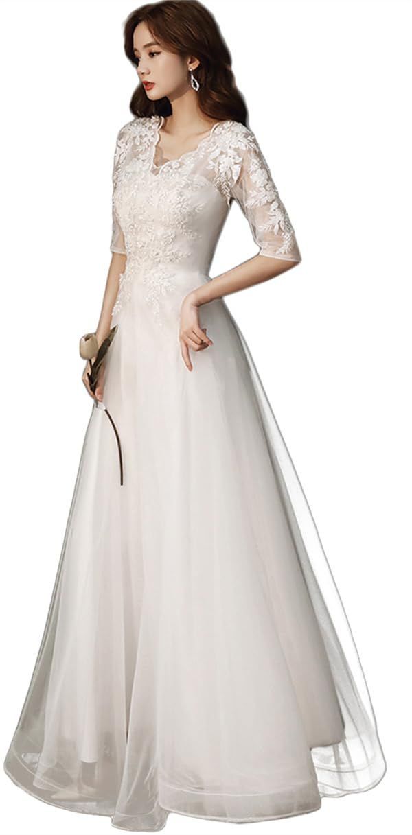【特価セール】[YUANYUAN] CREAM ウェディングドレス レディース 結婚式ドレス パーティードレス ロングドレス 刺繍レース 袖あり 花嫁 二次会 プリンセス 発表会 お呼ばれ フォーマル ハイウエスト Aライン チュール ピアノ 演奏会 披露宴