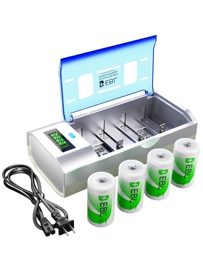 EBL 単一電池 充電式 充電器セット 充電池 単1 ニッケル水素電池4本 たん一充電器セット LCD充電器 単1/単2/単3/単4/9Vニッケル水素/ニカド充電池に対応 単一充電式10000MAH リフレッシュ放電器 単1充電器(沖縄・離島の方発送不可）)