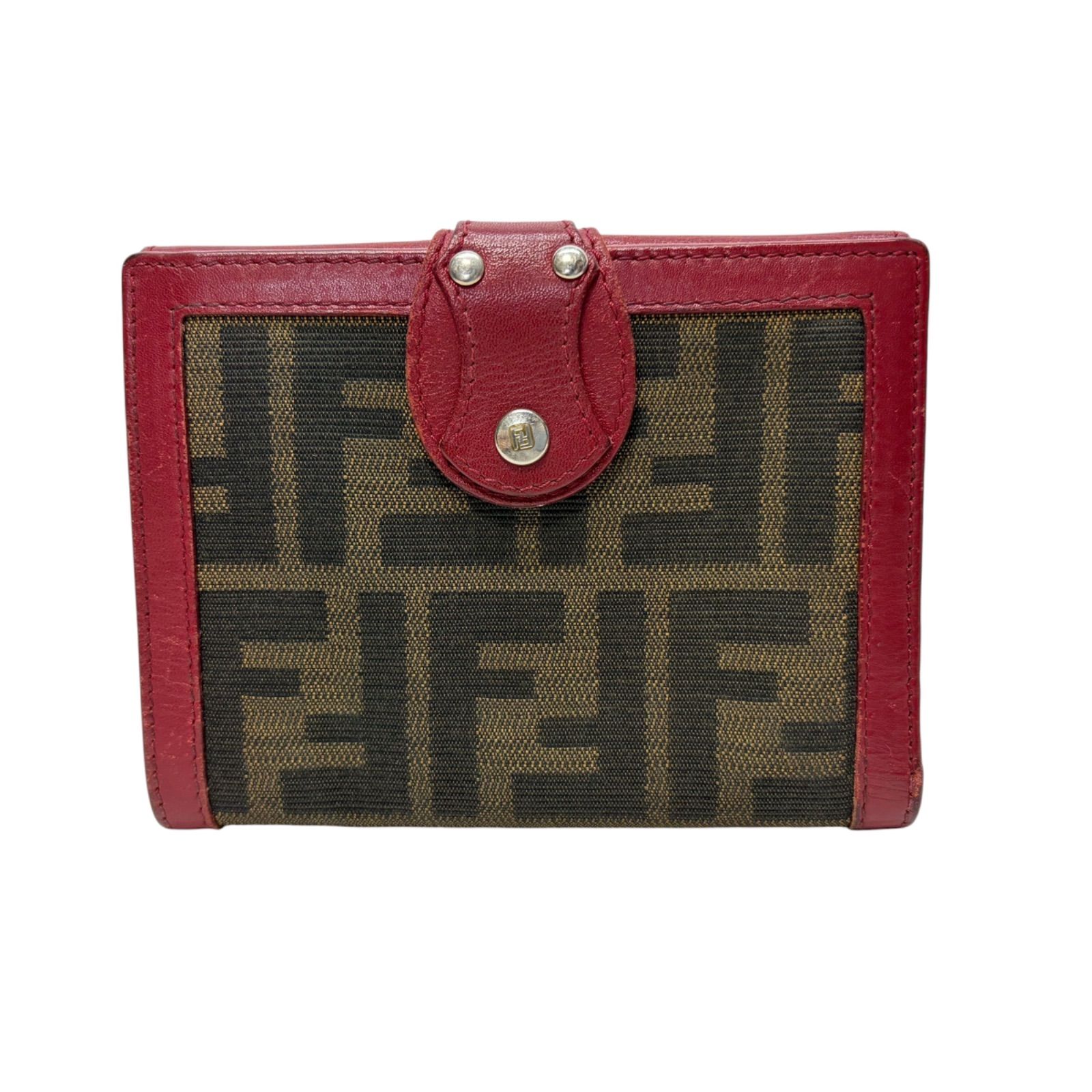 3952 FENDI フェンディ 折り財布 キャンバス ズッカ柄 レッド レザー 