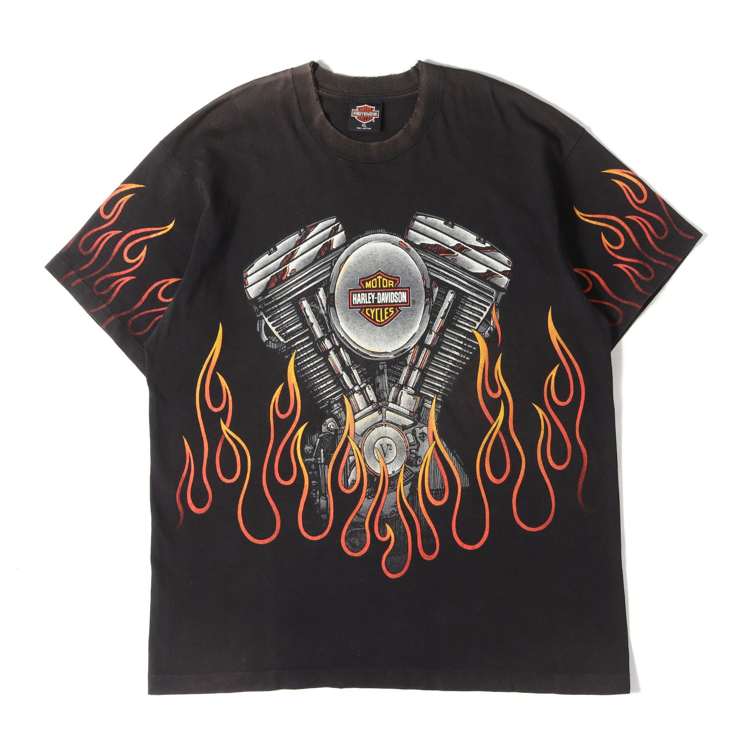 HARLEY-DAVIDSON ハーレーダビッドソン Tシャツ ブラック 黒 サイズ:XL | 雰囲気抜群 | 90s V2エンジン フレイム オールオーバー Tシャツ | USA製 | 90年代 ヴィンテージ 古着 | トップス カットソー【中古】