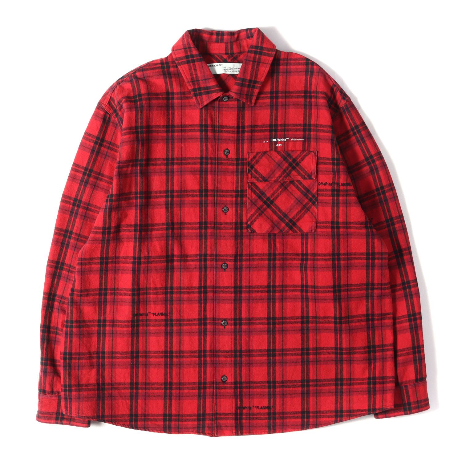 OFF-WHITE オフホワイト シャツ レッド ブラック サイズ:L | アローパッチ オーバーサイズ チェック フランネル シャツ (ARROW PATCHED FLANNNEL CHECK OVERSIZED SHIRT) | トップス【中古】