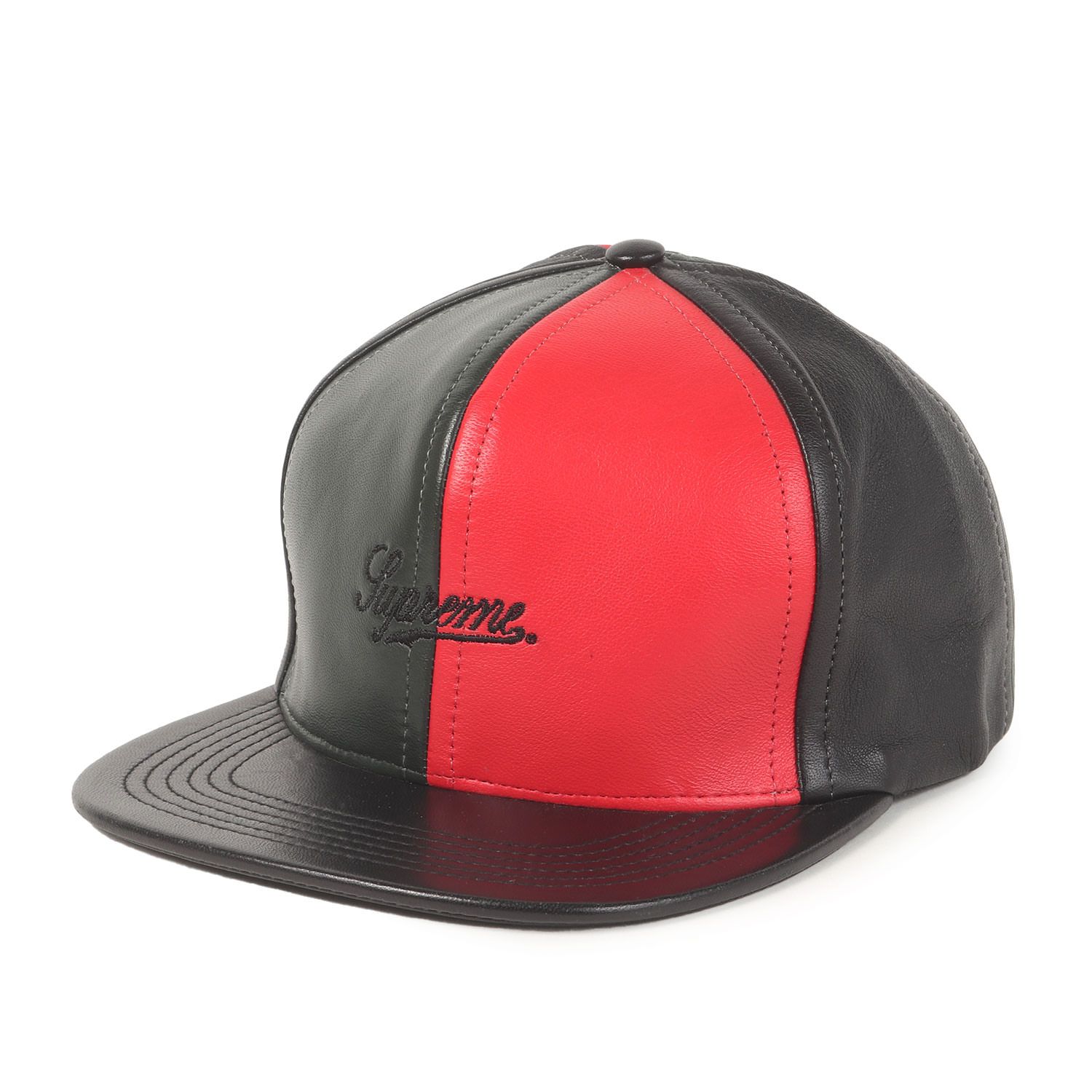 【美品】Supreme シュプリーム キャップ レッド グリーン ブラック サイズ:FREE | スクリプトロゴ レザー 6パネルキャップ (Leather Pinwheel 6 Panel Cap) | ブランド 帽子【メンズ】【中古】