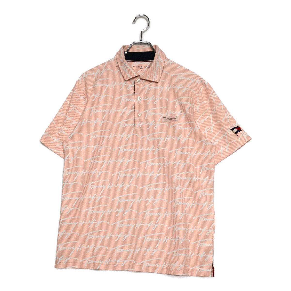 中古 メンズ トミーヒルフィガーゴルフ TOMMY HILFIGER GOLF 半袖ポロシャツ LL ピンク×白 ストライプ ロゴ総柄