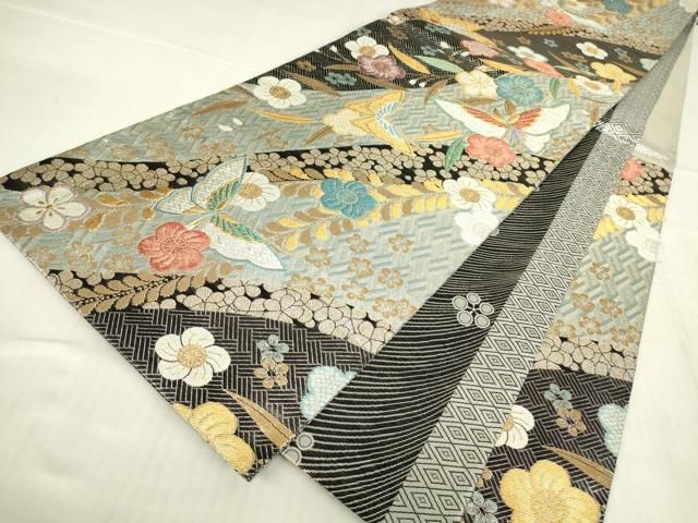 平和屋着物▽佐賀錦 両面 六通柄袋帯 舞蝶花文 金銀糸 正絹 逸品