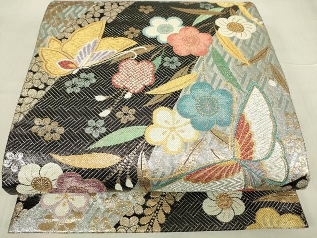 平和屋着物▽佐賀錦 両面 六通柄袋帯 舞蝶花文 金銀糸 正絹 逸品