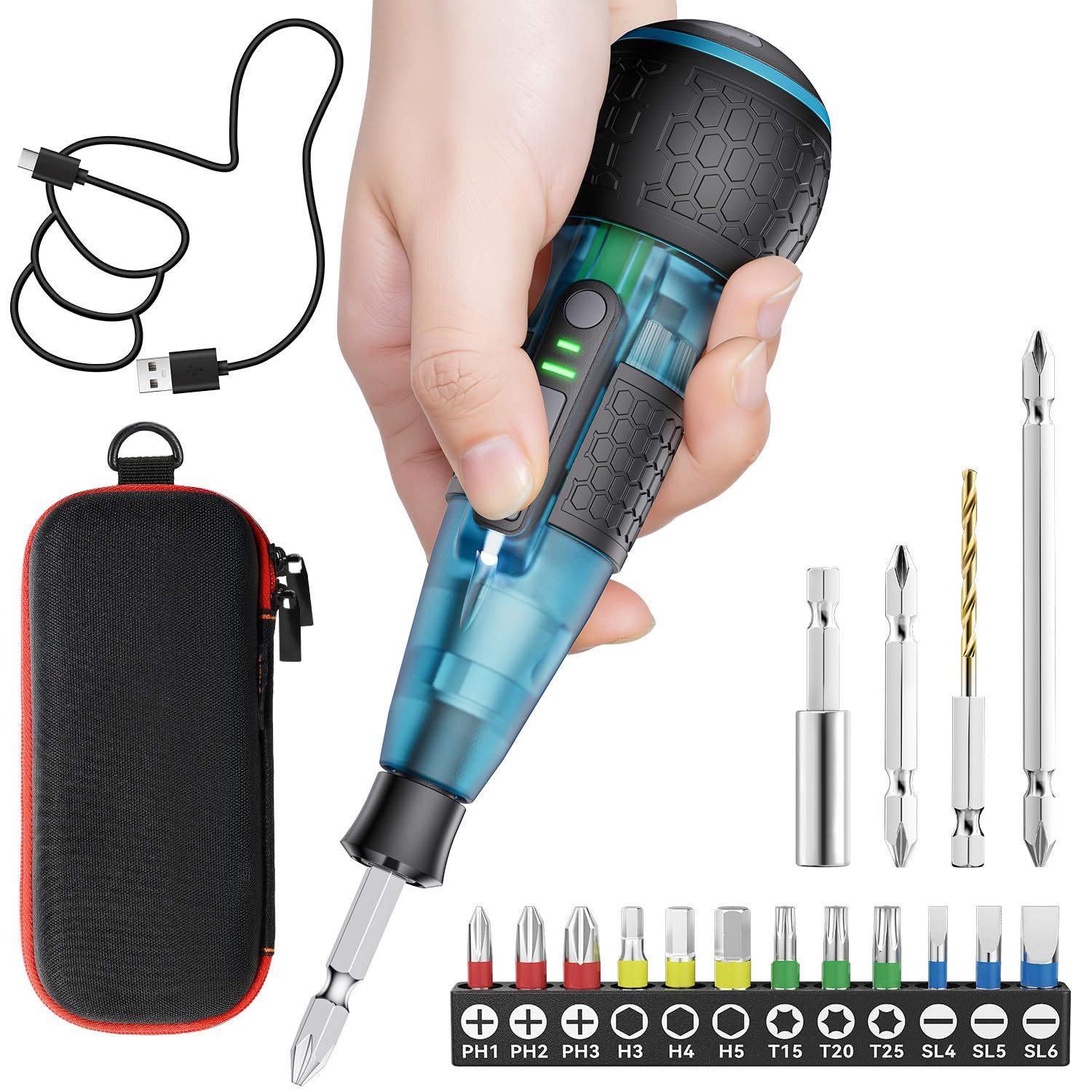 ☆新品☆電動ドライバー 小型 【伝統革新・中が見える電動ドライバー・鬼トルク6N.m】強力 16点ビット付き 収納ケース付き USB-C充電式 高輝度LEDライト 軽量 DIY 操作簡単 女性/初心者対応 クリアミント e58c5f71