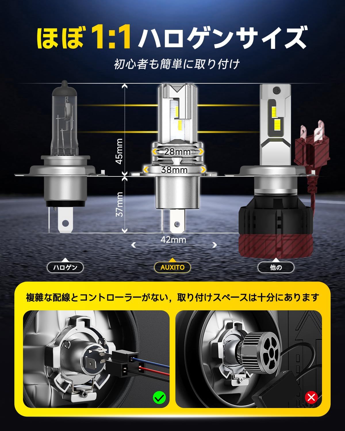 AUXITO H4 LED ヘッドライト車用 車検対応3倍明るさアップ 高輝度LED 