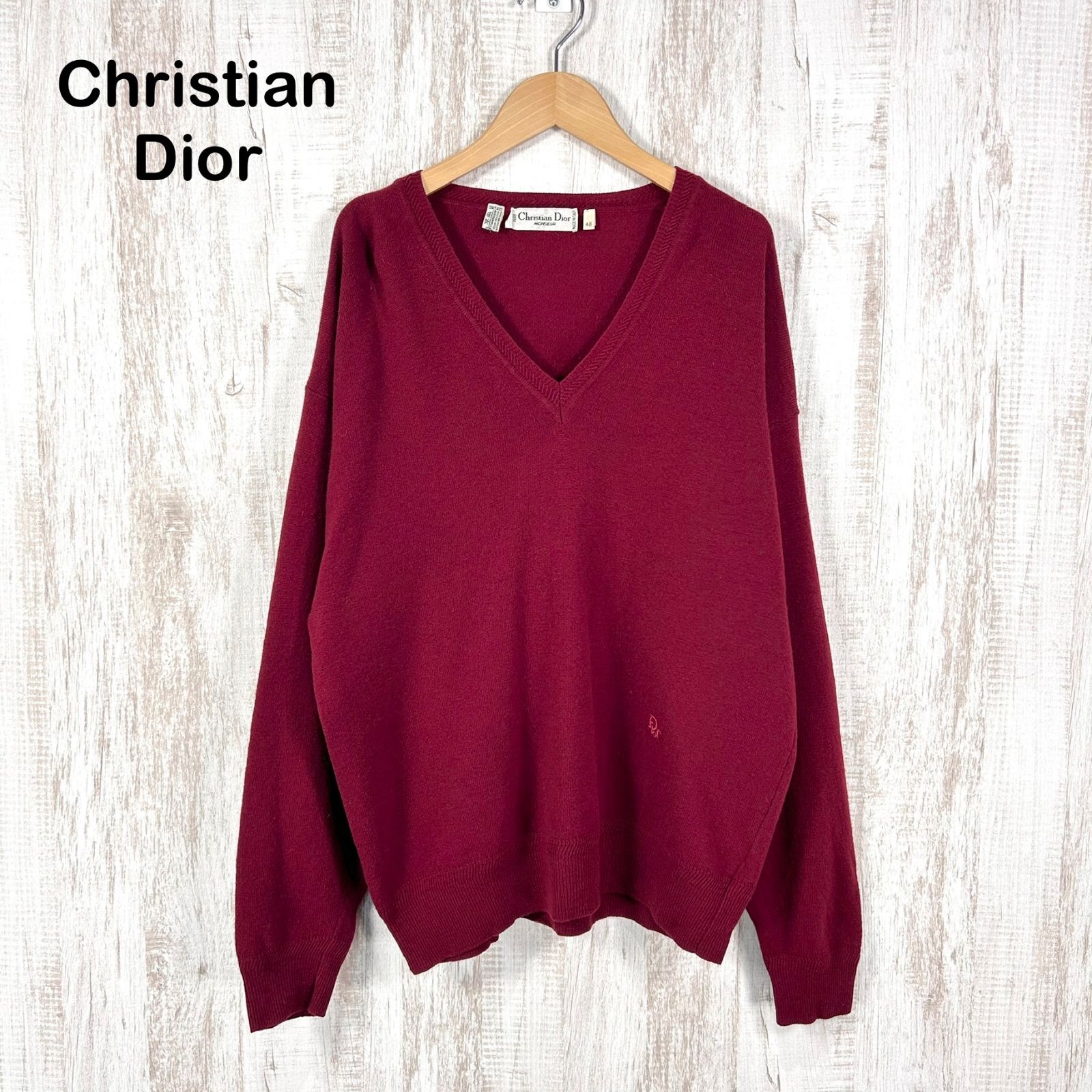 90s Christian Dior オールド クリスチャンディオール ロゴ刺繡 ピュアウール Vネック セーター レッド ビッグサイズ