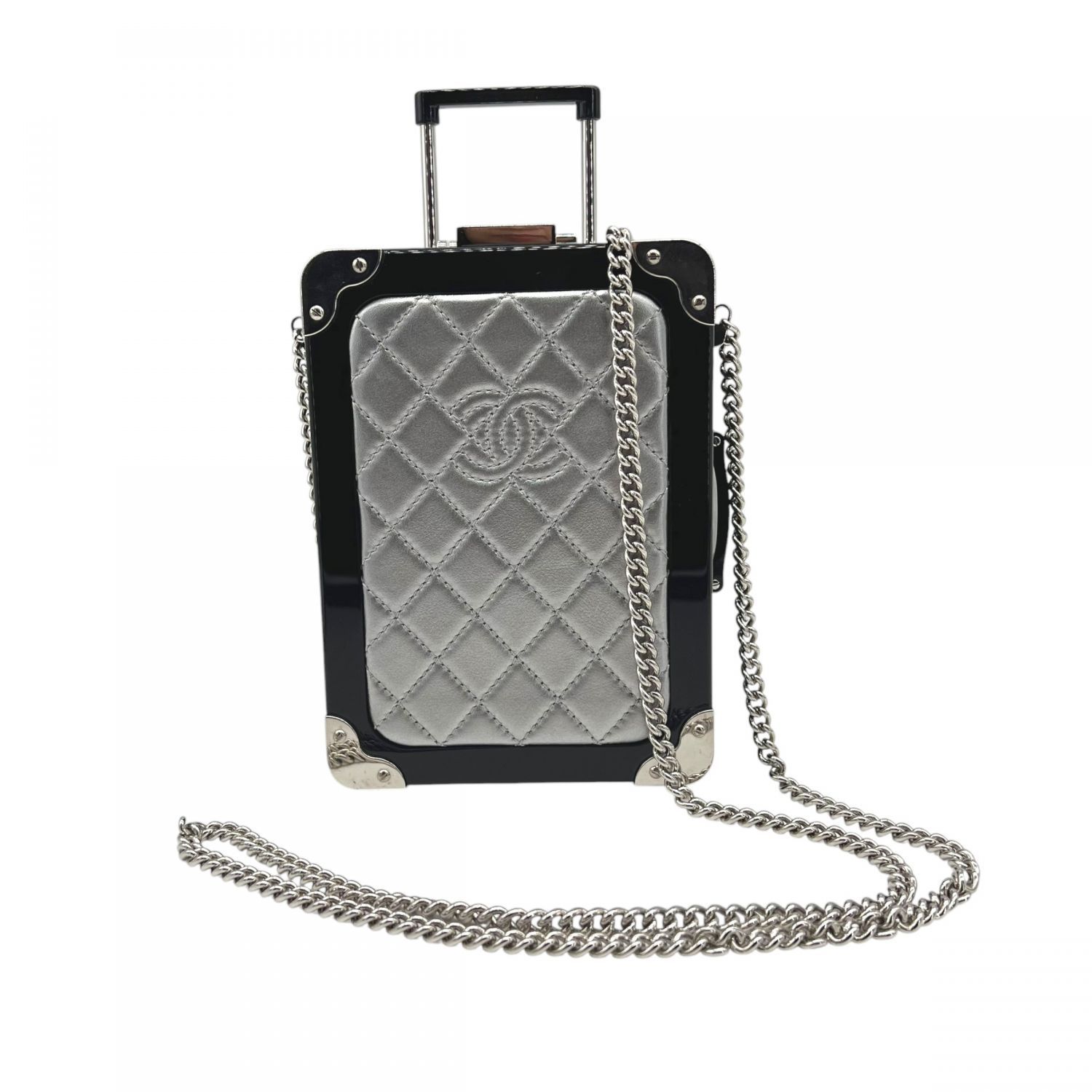 【中古】 CHANEL シャネル イブニング イン ザ エア トロリー 2way クラッチ チェーン ショルダー バッグ 22番台 シルバー プラスチック×レザー ブラック×シルバー金具 25019576 SA