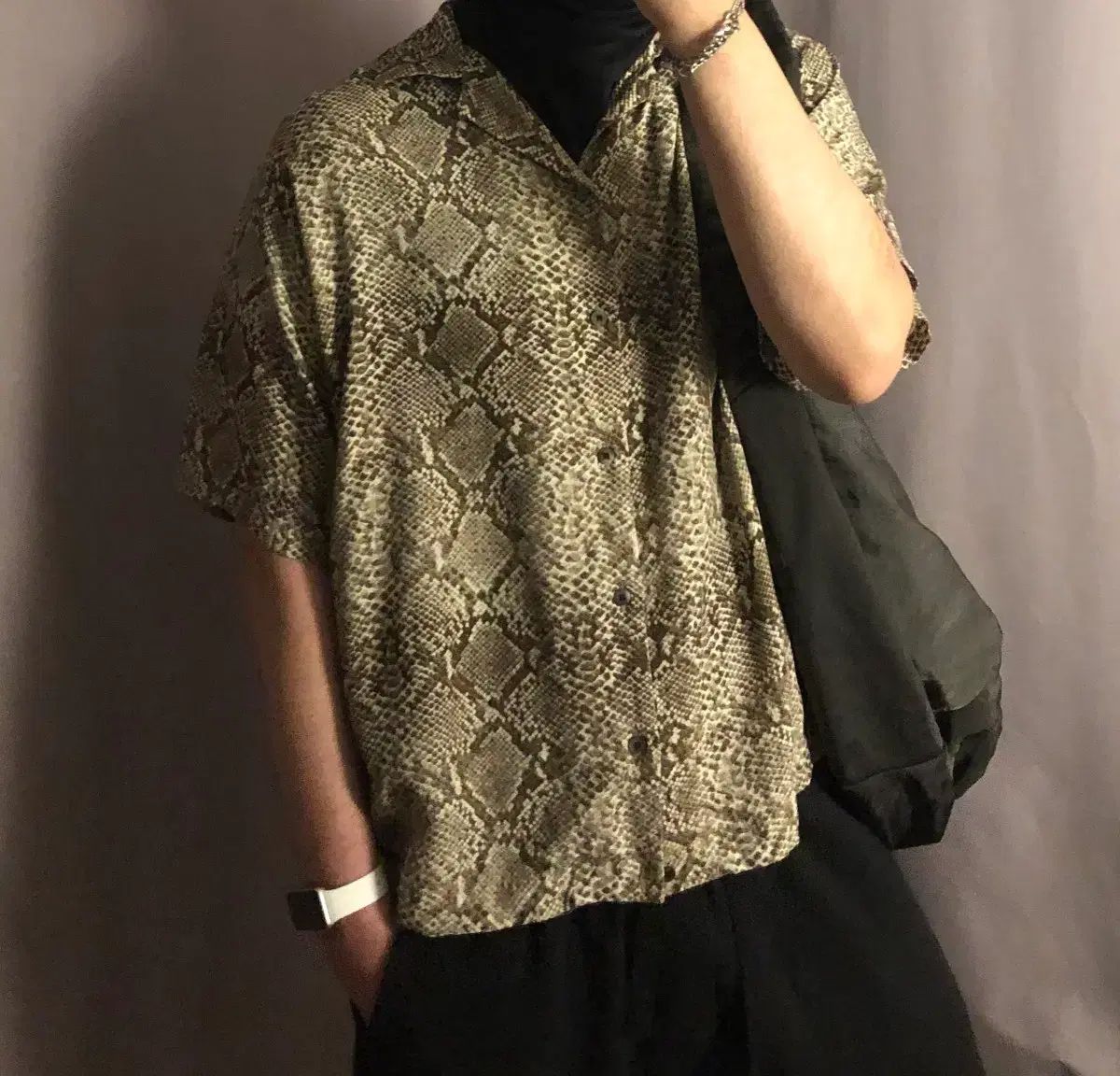 지에다 パイソン柄 オープンカラー シャツ