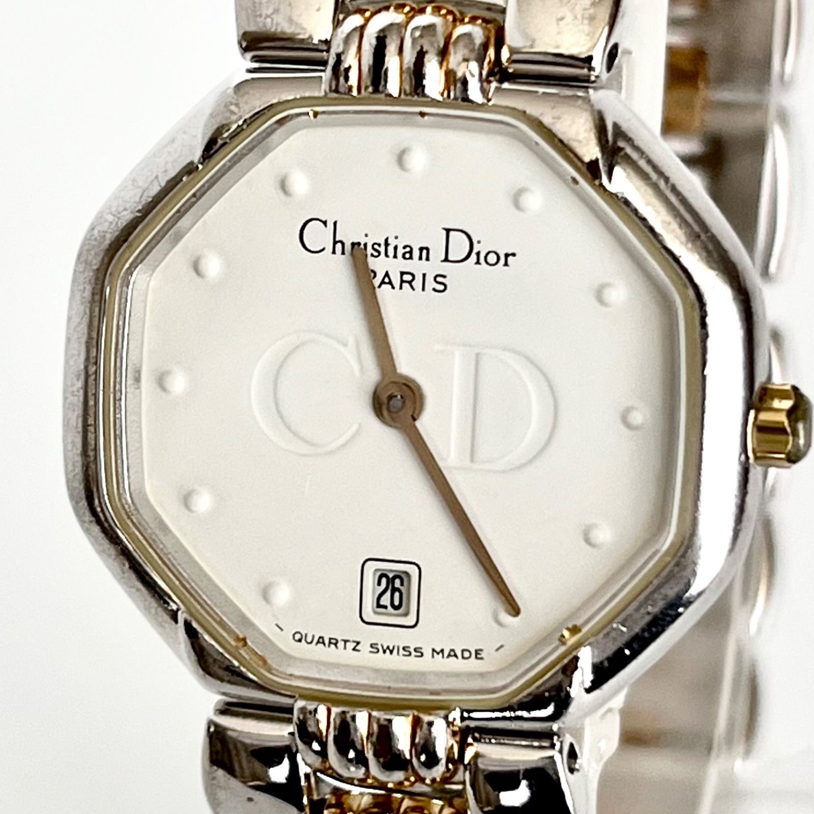 【クリスチャンディオール レディース 腕時計 磨き済み 美品】Christian Dior 電池新品 ゴールド 白文字盤