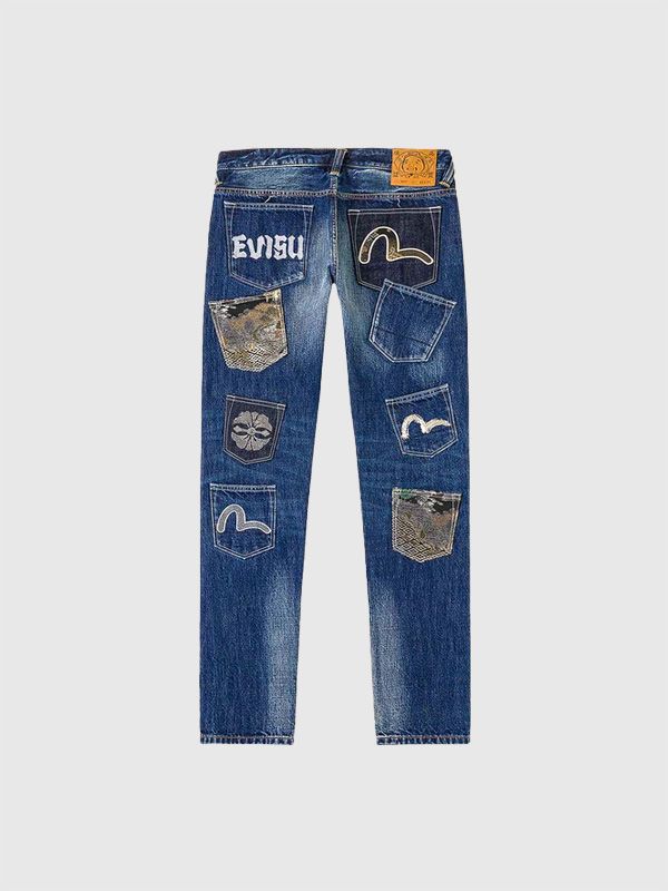 EVISU エヴィス ジーンズ マルチポケット カモメ 家紋 ロゴ刺繍 EVISU エヴィス ジーンズ マルチポケット カモメ 家紋 ロゴ刺繍
