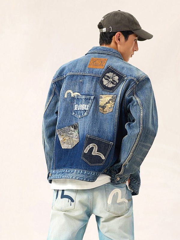 evisu プロケードパッチ付きマルチポケットレギュラーデニムジャケット