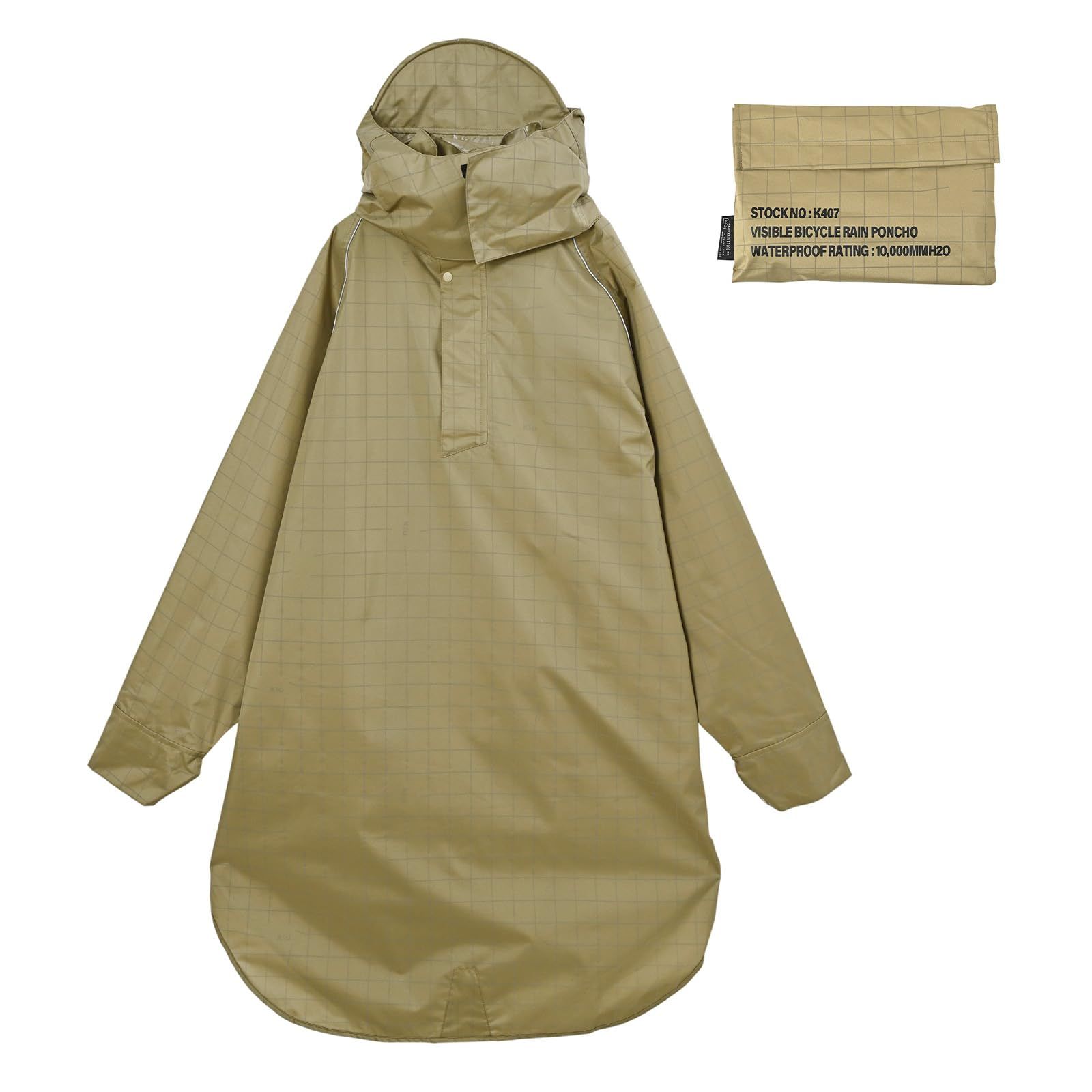 [キウ] ビジブルバイシクルレインポンチョ VISIBLE BICYCLE RAIN PONCHO 防水 撥水 はっ水 耐水 雨対策 台風 梅雨 レインコート スリーブポンチョ アノラック 雨具 袖付き 収納袋 ポケット おしゃれ かっこ [グリッドベージュ]
