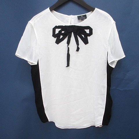 ランバン LANVIN 半袖 カットソー 40 白系 ホワイト 日本製 リボン シースルー 透け感