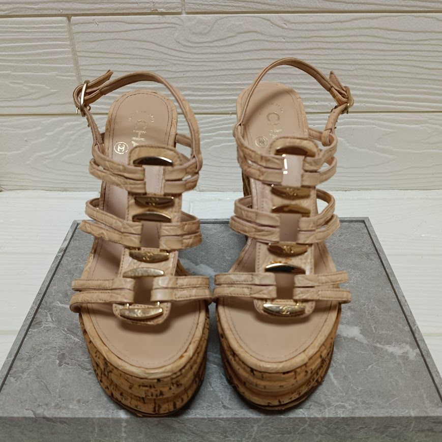 【正規品 / イタリア製】CHANEL シャネル コルクウェッジ ストラップサンダル サイズ35 約22cm ベージュ ヌード CCチャーム ココマーク レディース 春夏 ハイブランド グラディエーター 厚底 リゾート ヴィンテージ
