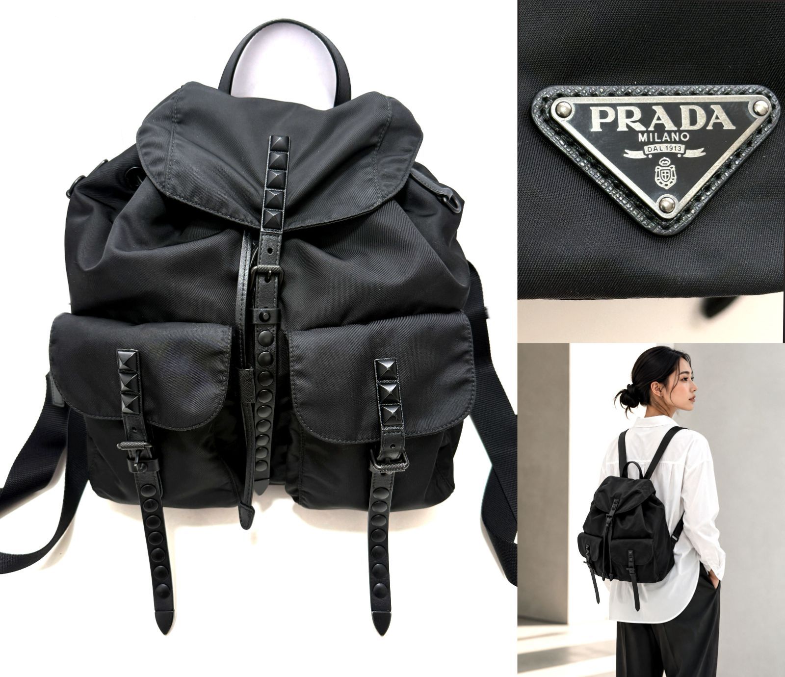 レア 希少 PRADA プラダ ピラミッド スタッズ サフィアーノレザー