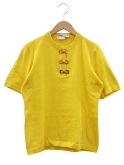 サルヴァトーレフェラガモ Salvatore Ferragamo ニット トップス 半袖 ガンチーニ金具 S イエロー 黄色 コットン ☆AA★