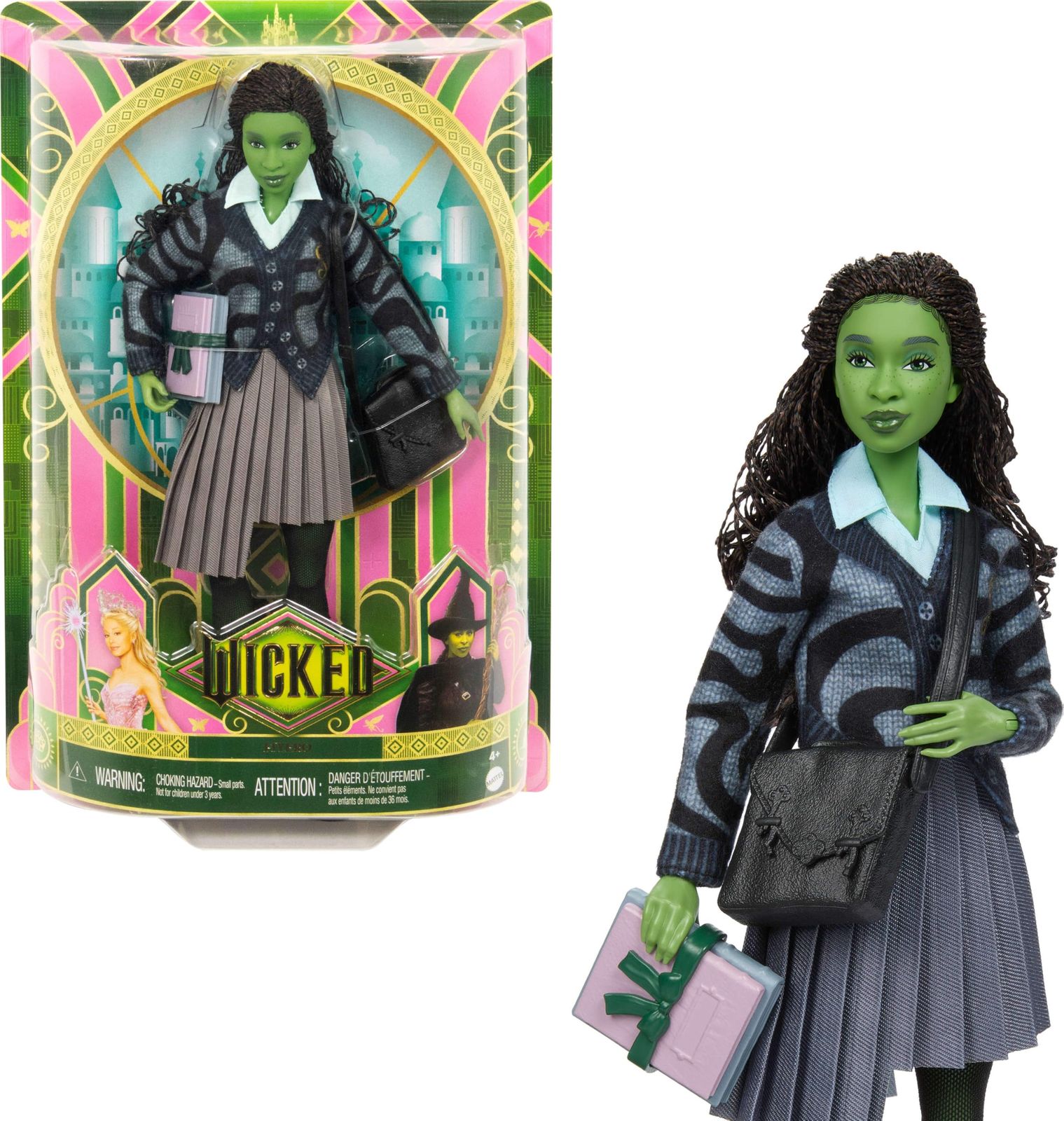 新品 Mattel ユニバーサル ウィキッド エルファバ ファッションドール & アクセサリー 緑色の肌 編み込み 黒髪 可動性 取り外し可能 学生服
