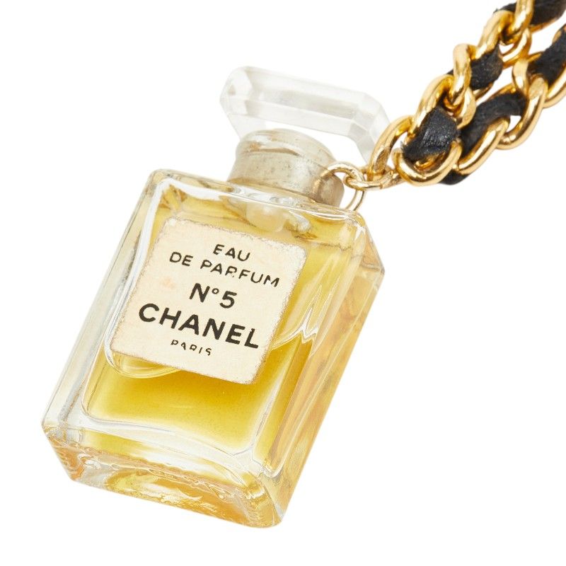シャネル No.5 チェーン ネックレス ゴールド クリア ブラック メッキ ガラス レザー レディース CHANEL【1-0272500】