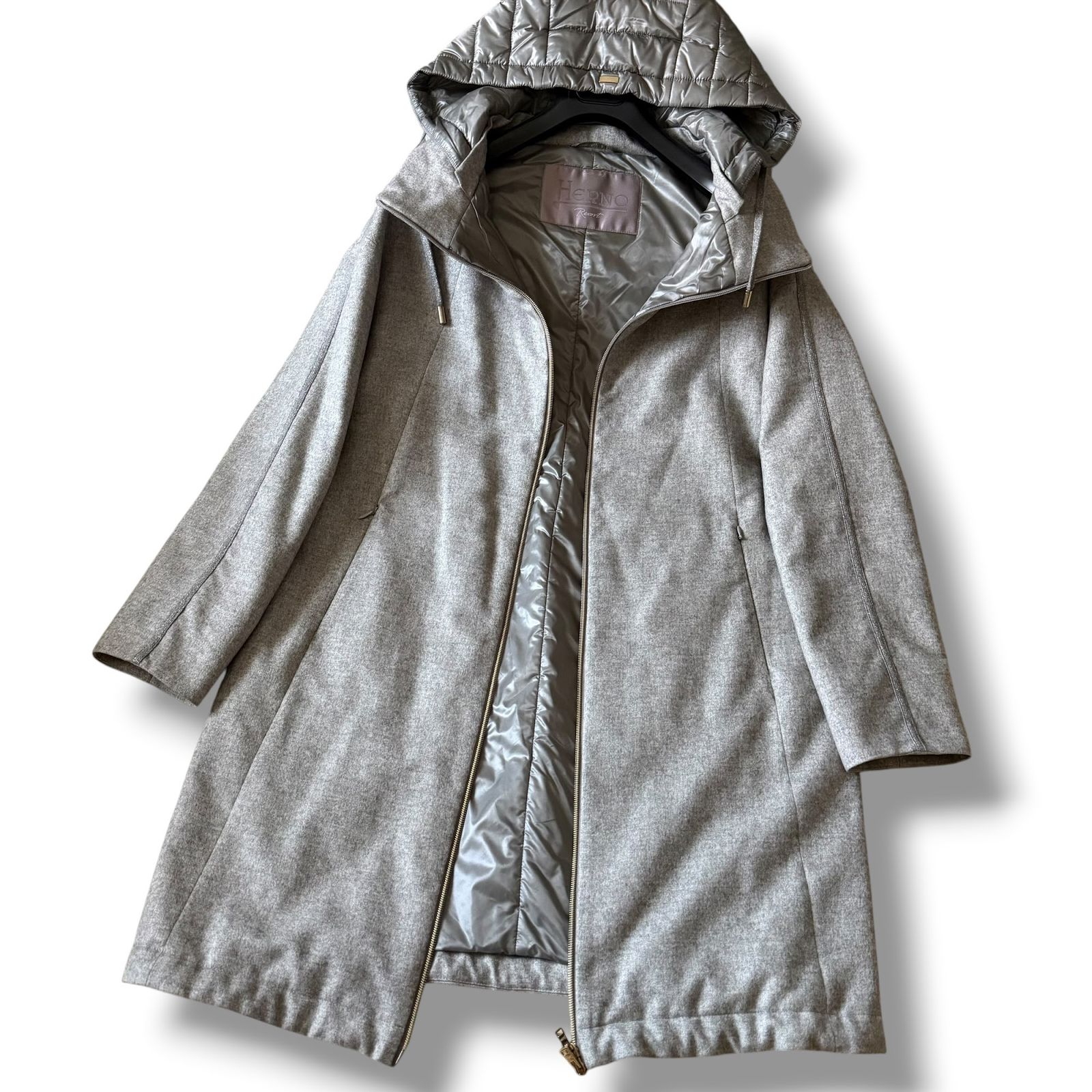 カシミヤ×シルク 未使用級 現行タグ HERNO ロングフードコート 42