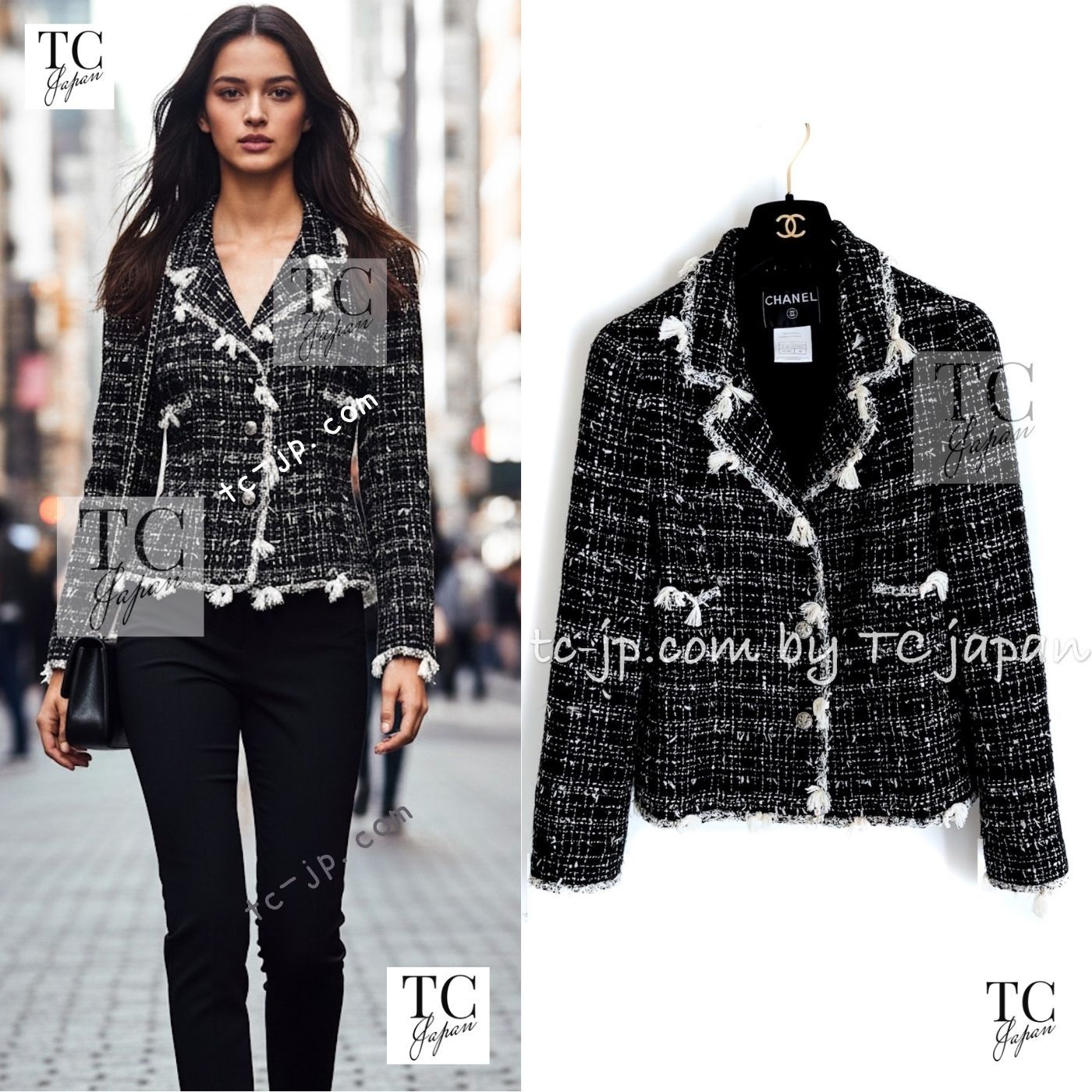 シャネル ジャケット CHANEL ブラック クリーム フリンジトリミング 