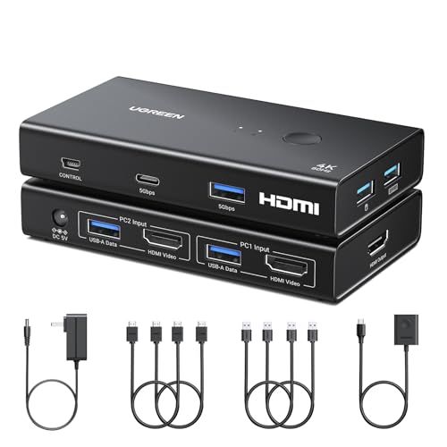 【新品】UGREEN HDMI KVM切り替え機 2入力1出力 4K@60Hz 1モニター&2PC 4*USB3.0 ポート 2台のPCのでキーボード、マウス、プリンター、モニターを共有 HDMIケーブル2本&USBケーブル2本、電源アダプタ cd029a62
