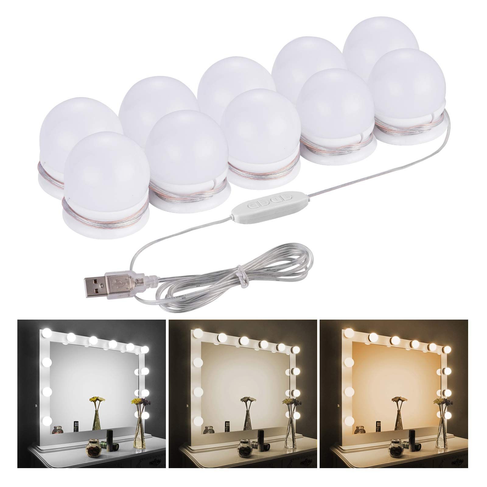 【新品】女優ライト LEDミラーライト メイクアップライト 三色調光 明るさ10段階調整 LED化粧鏡電球 10個LED電球 配線調整可 360度回転 穴が不要 ハリウッドライト USB給電 高輝度 省エネ 取り付け簡単 ドレッサー・化粧台・ 949f533a
