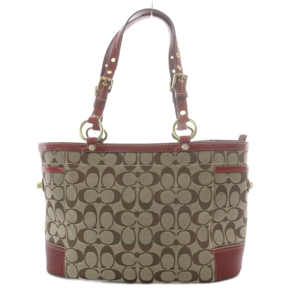 COACH トートバッグ ベージュ×ワインレッド コーチ COACH トートバッグ シグネチャー キャンバス レザー ベージュ