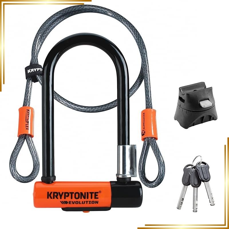 【新品】 (クリプトナイト) Kryptonite 自転車用U字ロック ケーブル付き Evolution Mini-7 頑丈な盗難防止用Uロック 13mmのロックと10mm x 長さ4フィートの防犯ケーブル 取り付けブラケットと鍵付き