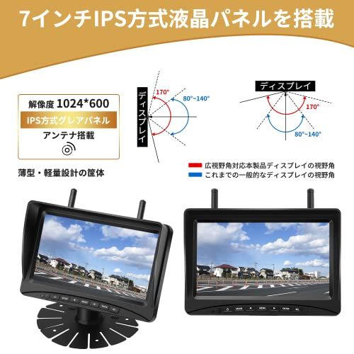 【7インチIPSモニター付きワイヤレスバックカメラ】 6段ズーム調整 トラック/トレーラー/キャンピングカー/クレーン車用 バックカメラモニターセット AHD1080P DC12～36V対応 デジタル信号 ゼロ混線 分割表示 自動録画 ループ f32fad58