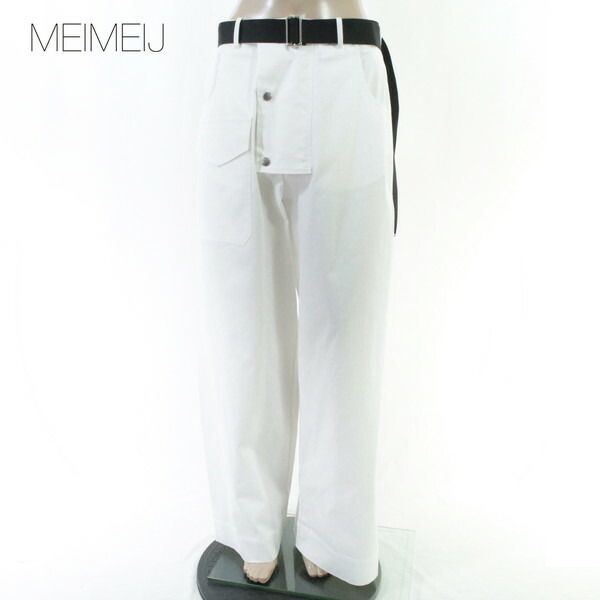 80%OFF 新品 メイメイジェイ MEIMEI J パンツ 40 EPT1195 Mサイズ ホワイト レディース ワイドパンツ ベルト付きパンツ コットン イタリア製