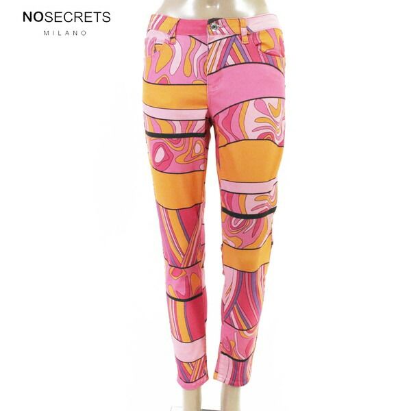 80%OFF 新品 ノーシークレッツ NO SECRETS パンツ 42 EPT1220 Mサイズ ピンク レディース プリント柄パンツ コットン スリム