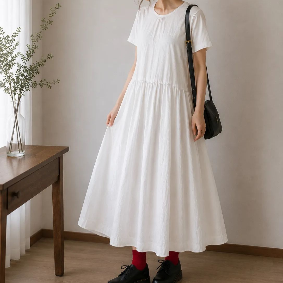 KAPITAL キャピタル 白 ワンピース フレア コットン 半袖 ナチュラル
